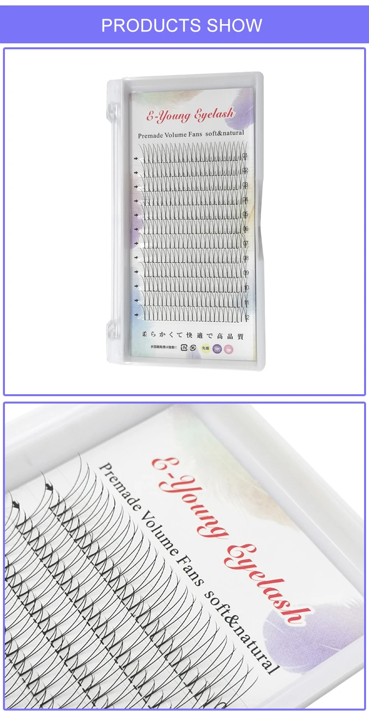 E-young 2d Premade Lashes Volume Fans Short Stem C/D Curl 0.1mm Natural False Eyelashes Extensions Premade Fans Wholesale Makeup