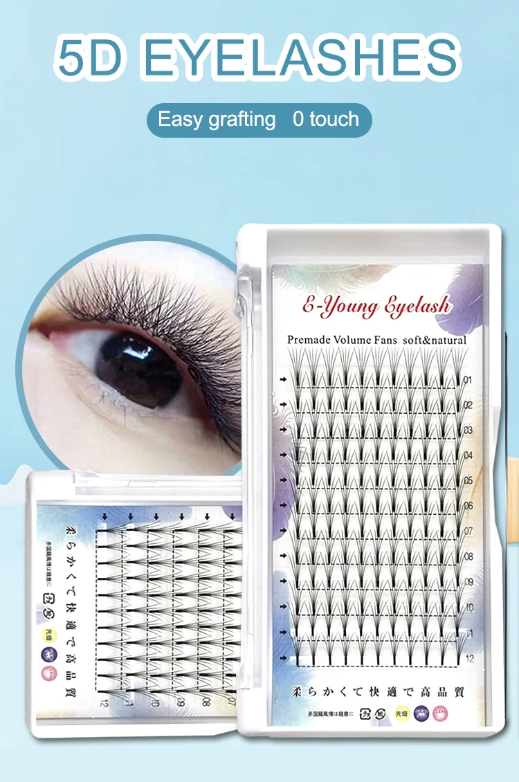 E-young 2d Premade Lashes Volume Fans Short Stem C/D Curl 0.1mm Natural False Eyelashes Extensions Premade Fans Wholesale Makeup