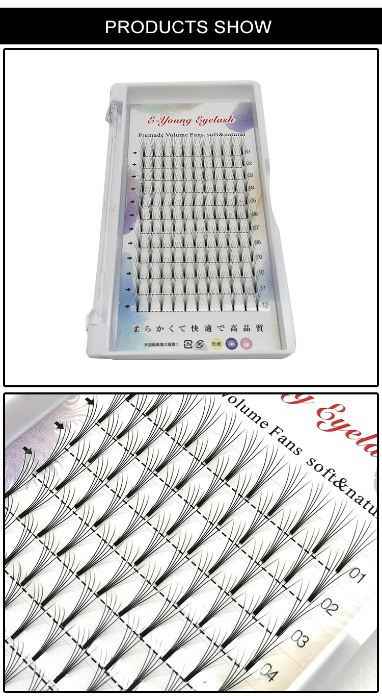 E-young 2d Premade Lashes Volume Fans Short Stem C/D Curl 0.1mm Natural False Eyelashes Extensions Premade Fans Wholesale Makeup