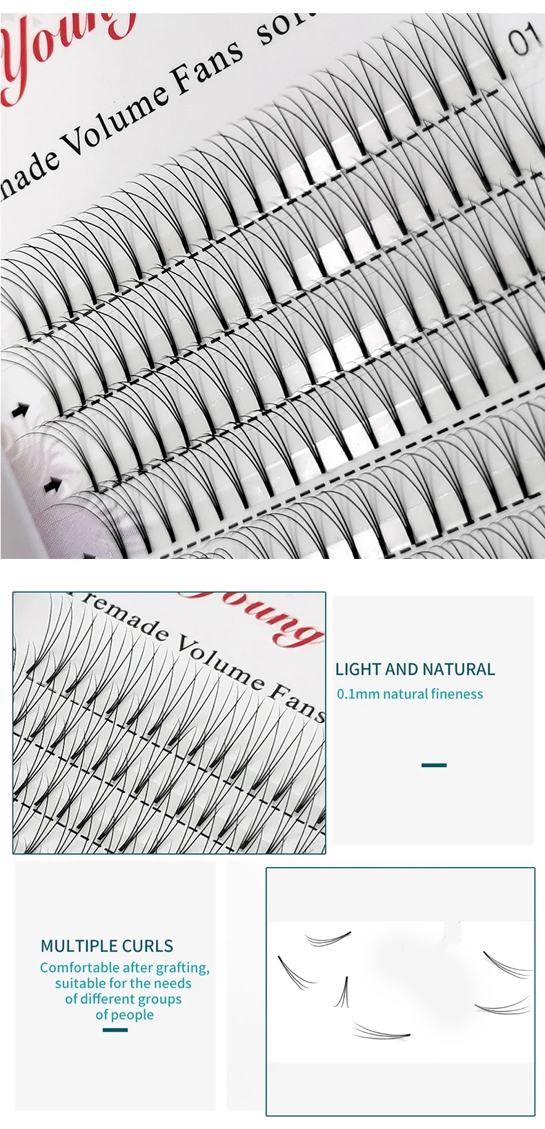 E-young 2d Premade Lashes Volume Fans Short Stem C/D Curl 0.1mm Natural False Eyelashes Extensions Premade Fans Wholesale Makeup