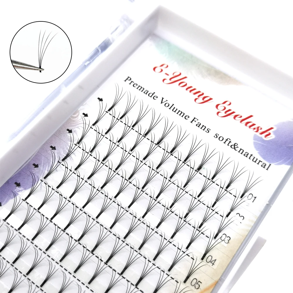 E-young 2d Premade Lashes Volume Fans Short Stem C/D Curl 0.1mm Natural False Eyelashes Extensions Premade Fans Wholesale Makeup