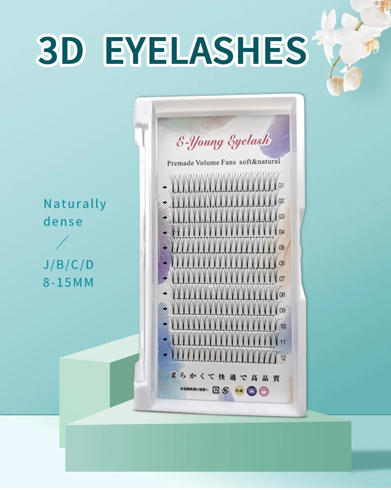 E-young 2d Premade Lashes Volume Fans Short Stem C/D Curl 0.1mm Natural False Eyelashes Extensions Premade Fans Wholesale Makeup