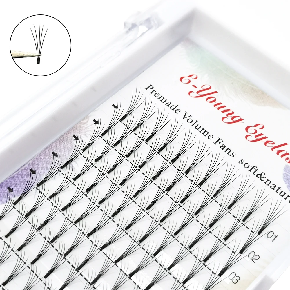 E-young 2d Premade Lashes Volume Fans Short Stem C/D Curl 0.1mm Natural False Eyelashes Extensions Premade Fans Wholesale Makeup