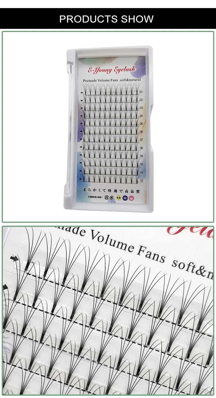 E-young 2d Premade Lashes Volume Fans Short Stem C/D Curl 0.1mm Natural False Eyelashes Extensions Premade Fans Wholesale Makeup
