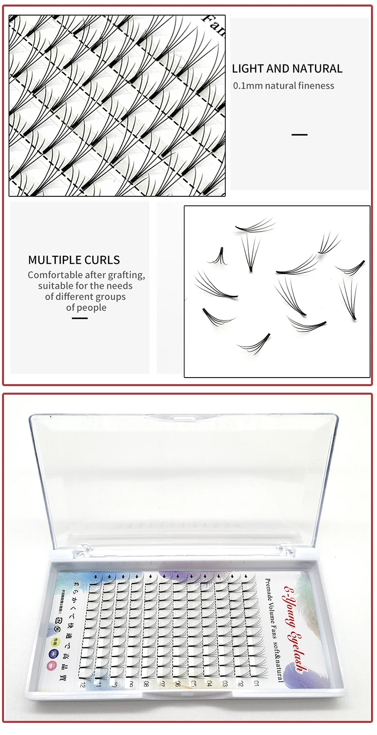 E-young 2d Premade Lashes Volume Fans Short Stem C/D Curl 0.1mm Natural False Eyelashes Extensions Premade Fans Wholesale Makeup