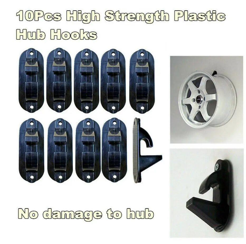 10pcs Tire Wheel Rim Hub Hanging Plastic Black ABS Hook Holder Shop Display Stand Rack Wall Mounted Racing Hook Max. 22''