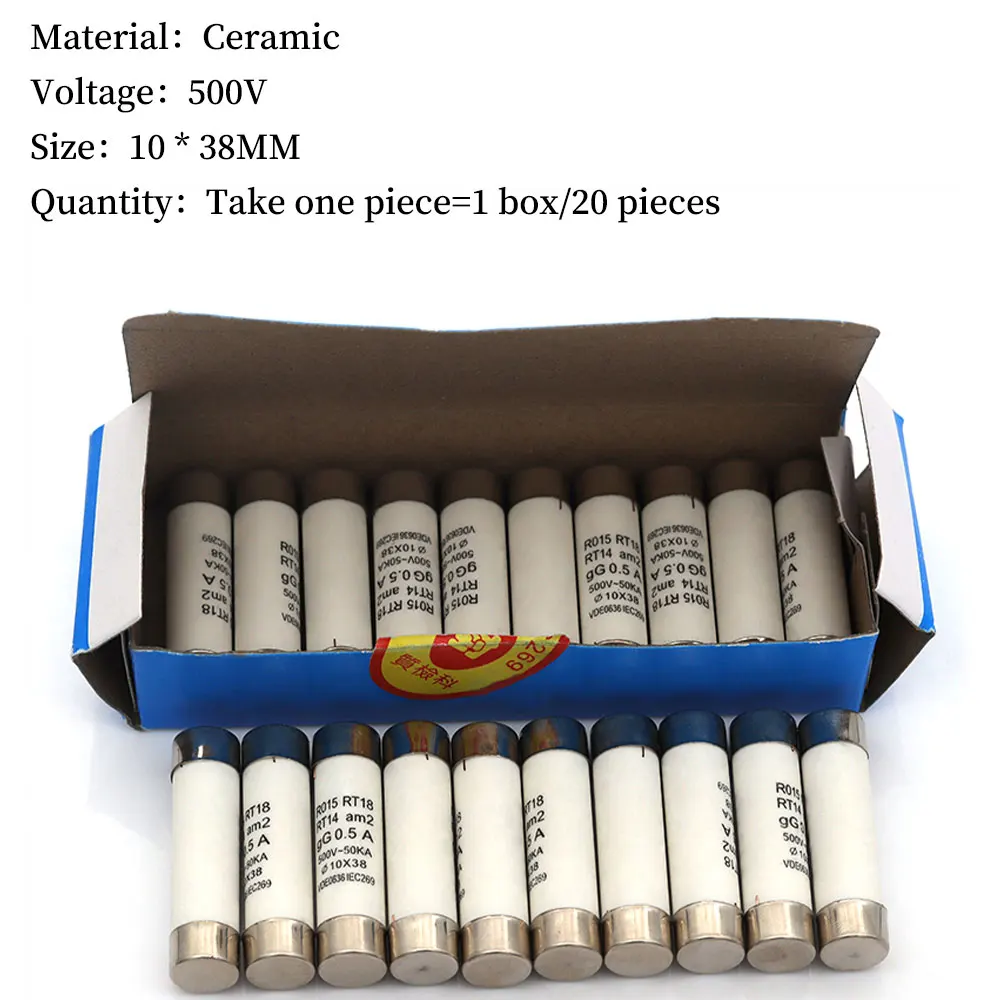 5/20/60Pcs 10*38 Fast blow Ceramic Fuse 10x38mm Fuse 380V 500V 0.5A 1A 2A 3A 4A 5A 6A 8A 10A 16A 20A 25A 32A 40A RO15 RT18 RT14