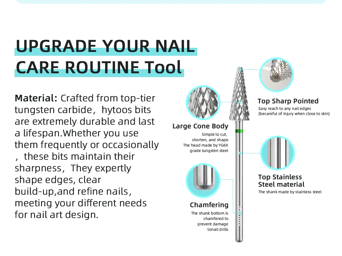 HYTOOS Cone Shape Nail Drill Bit Carbide 3/32" Milling Cutter For Manicure Rotary Burr Electric Drill Accessories Tool