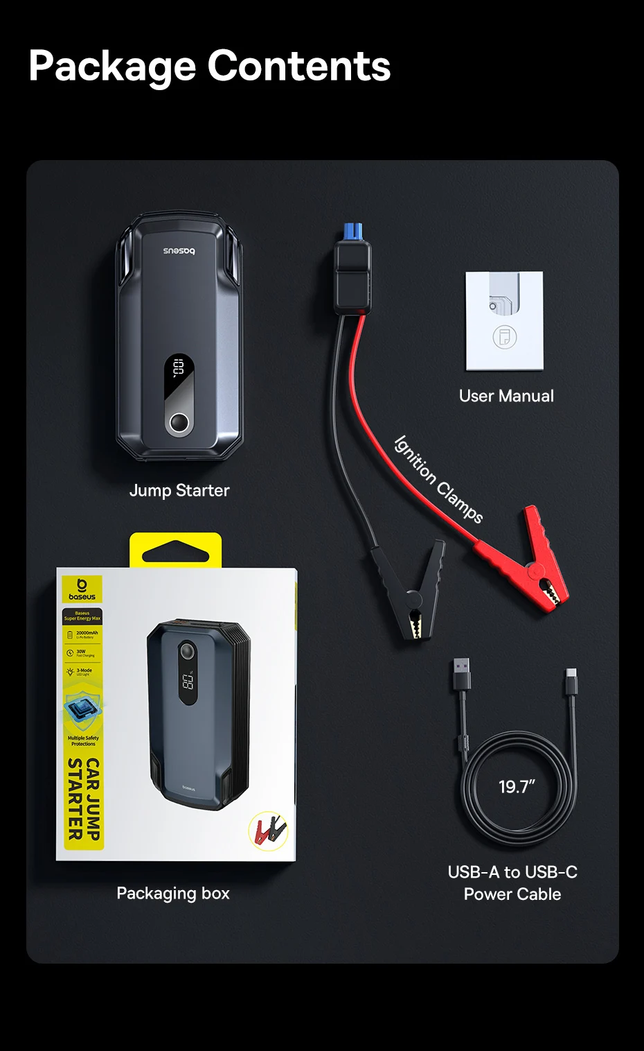 Baseus 20000mAh Car Jump Starter Power Bank 2000A 20000mAh Car Battery Charger Auto Emergency Booster Starting Device Jump Start