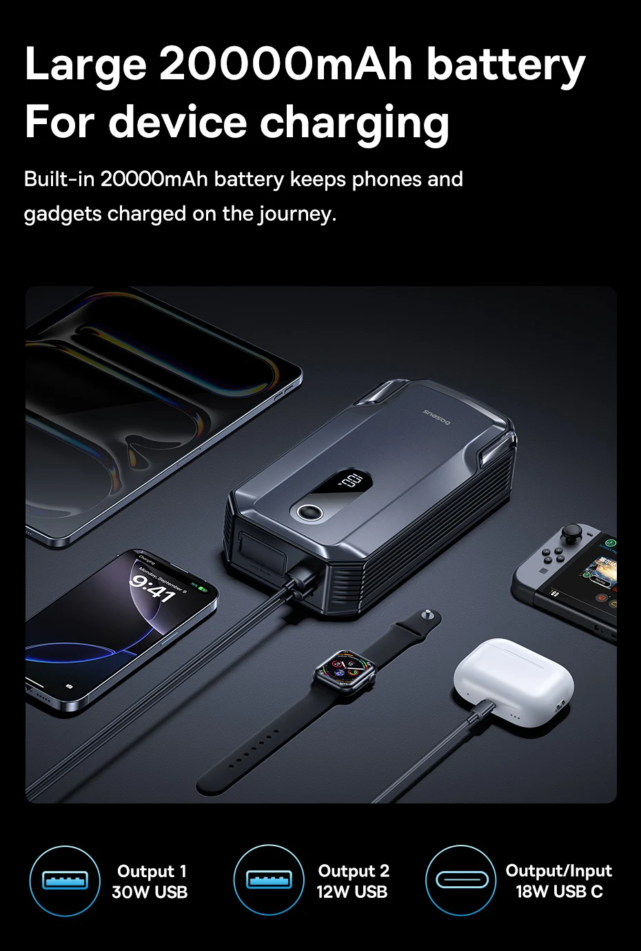 Baseus 20000mAh Car Jump Starter Power Bank 2000A 20000mAh Car Battery Charger Auto Emergency Booster Starting Device Jump Start