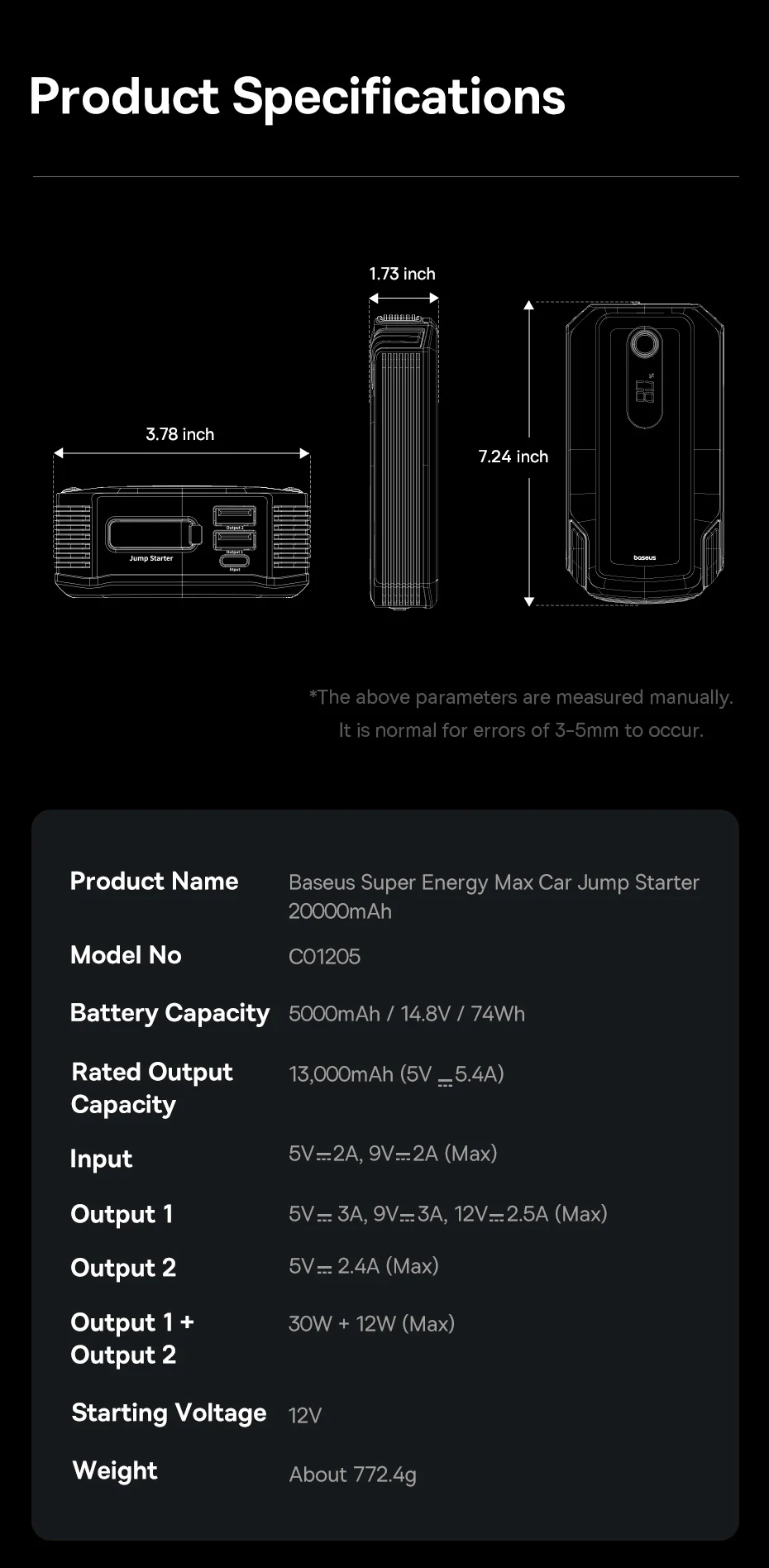 Baseus 20000mAh Car Jump Starter Power Bank 2000A 20000mAh Car Battery Charger Auto Emergency Booster Starting Device Jump Start