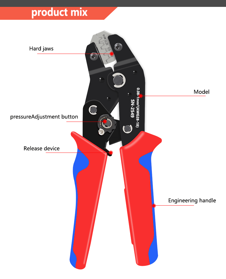 Ratcheting Crimping Plier for PH2.0/XH2.54/2.54/2.8/3.0/3.96/4.8/KF2510/JST Terminal Dupont Connectors Crimper Tool SN-2549