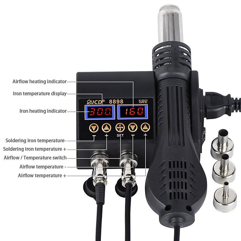 JCD 2 in 1 750W Hot Air Gun LCD Digital Display Welding Soldering Rework Station for Cell-phone BGA SMD PCB IC Solder Iron 8898