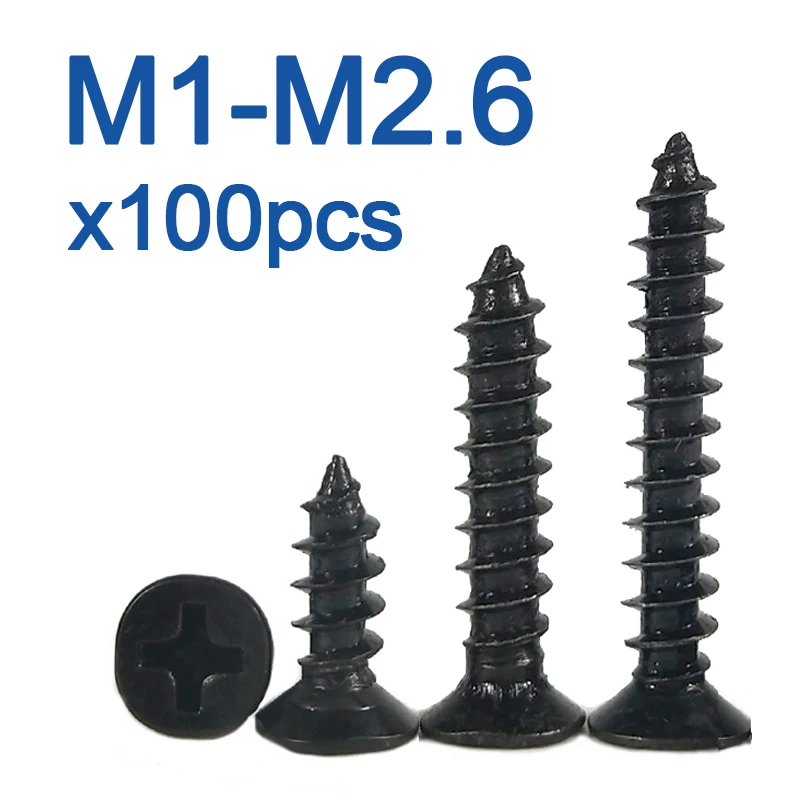 100pcs/lot M1.2 M 1.3 M1.4 M1.5 M1.6 M1.7 1.8 M2.2 2.5 2.6 Black Carbon Steel Phillips Flat Countersunk Mini Self-tapping Screw