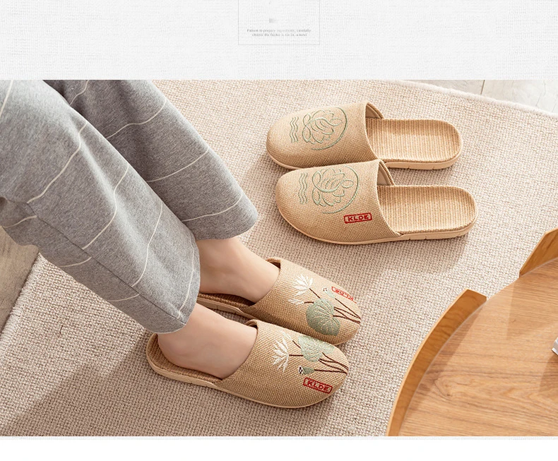 Mntrerm 2023 New Men's and Women's Slippers Baotou Embroidered Linen Slippers Four Seasons Breathable EVA Home Viscose Slippers