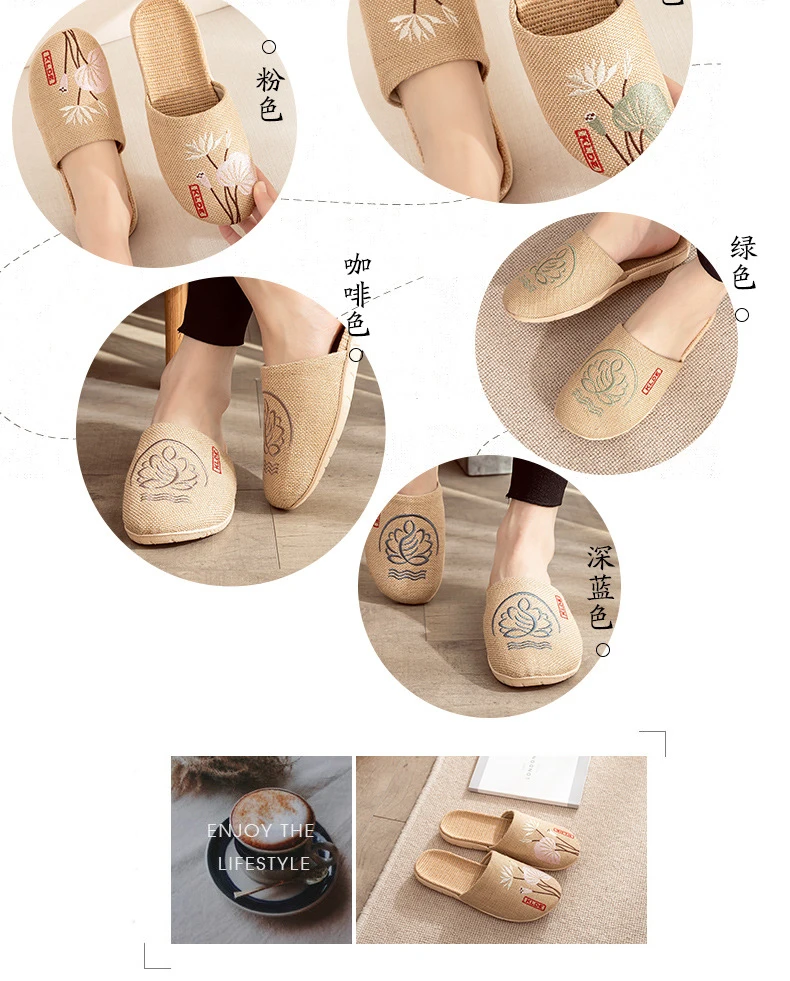 Mntrerm 2023 New Men's and Women's Slippers Baotou Embroidered Linen Slippers Four Seasons Breathable EVA Home Viscose Slippers