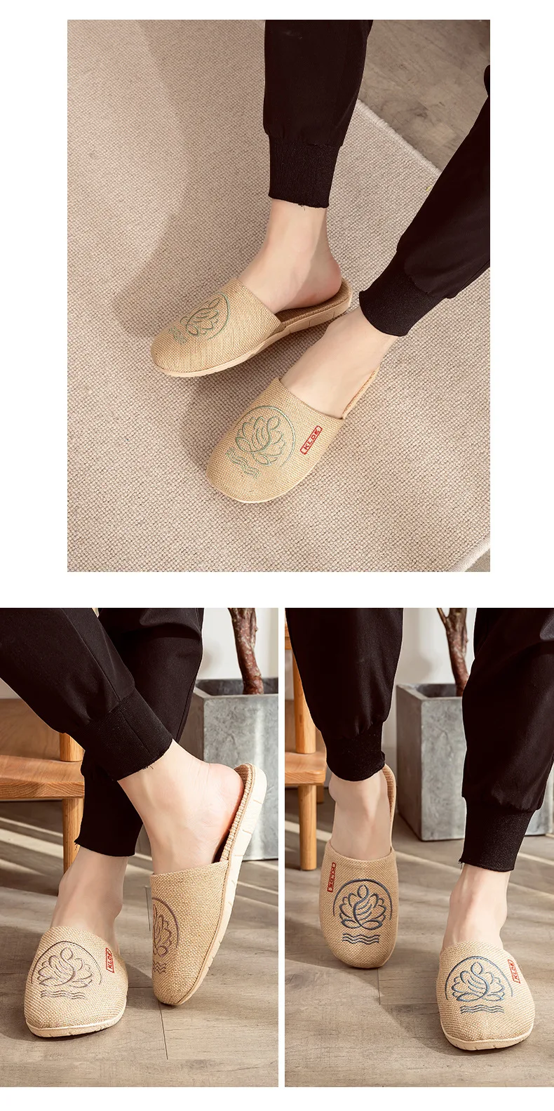 Mntrerm 2023 New Men's and Women's Slippers Baotou Embroidered Linen Slippers Four Seasons Breathable EVA Home Viscose Slippers