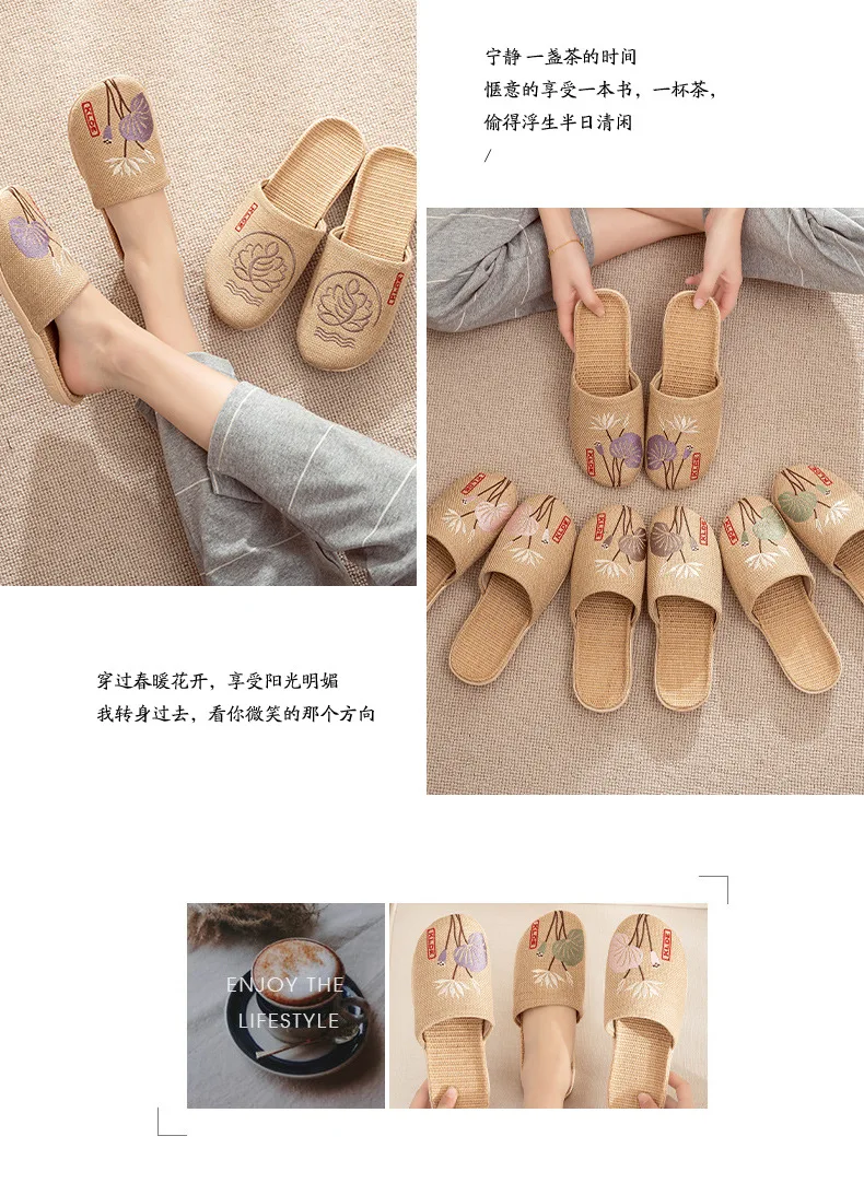 Mntrerm 2023 New Men's and Women's Slippers Baotou Embroidered Linen Slippers Four Seasons Breathable EVA Home Viscose Slippers
