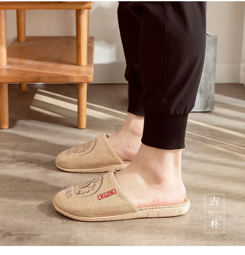 Mntrerm 2023 New Men's and Women's Slippers Baotou Embroidered Linen Slippers Four Seasons Breathable EVA Home Viscose Slippers