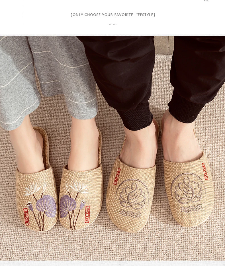 Mntrerm 2023 New Men's and Women's Slippers Baotou Embroidered Linen Slippers Four Seasons Breathable EVA Home Viscose Slippers