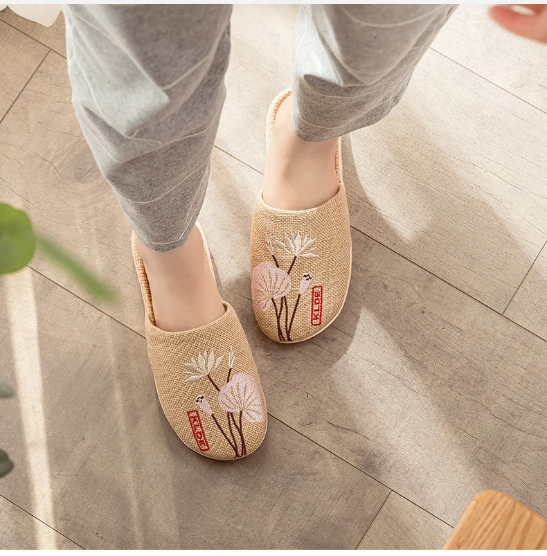 Mntrerm 2023 New Men's and Women's Slippers Baotou Embroidered Linen Slippers Four Seasons Breathable EVA Home Viscose Slippers
