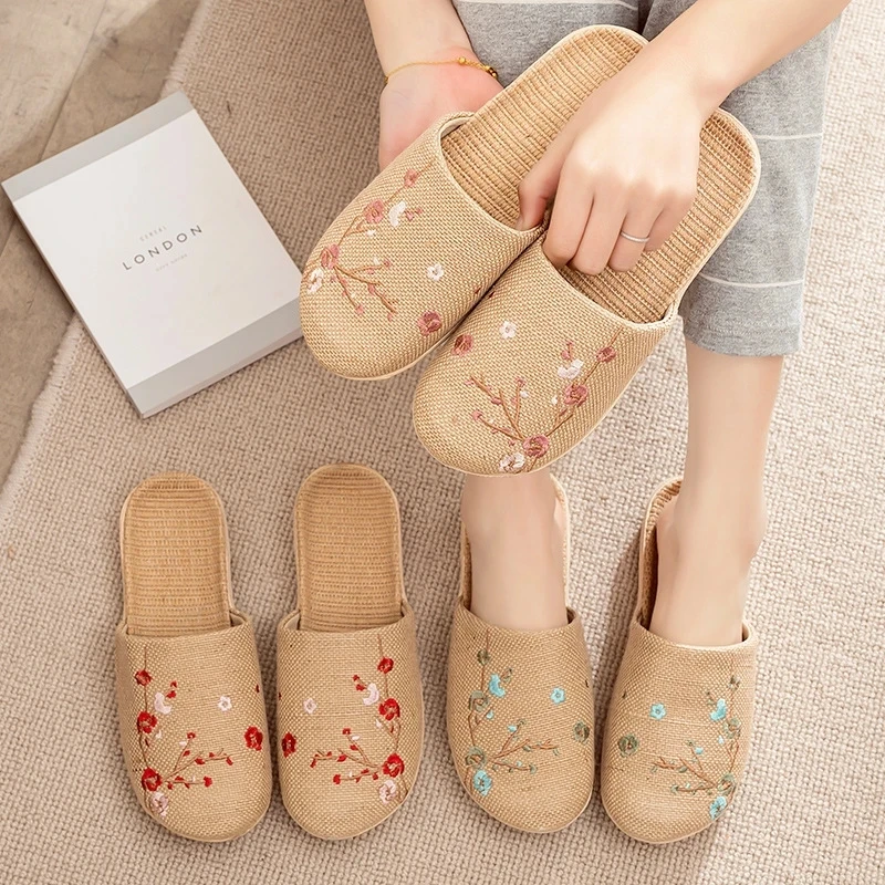 Mntrerm 2023 New Men's and Women's Slippers Baotou Embroidered Linen Slippers Four Seasons Breathable EVA Home Viscose Slippers