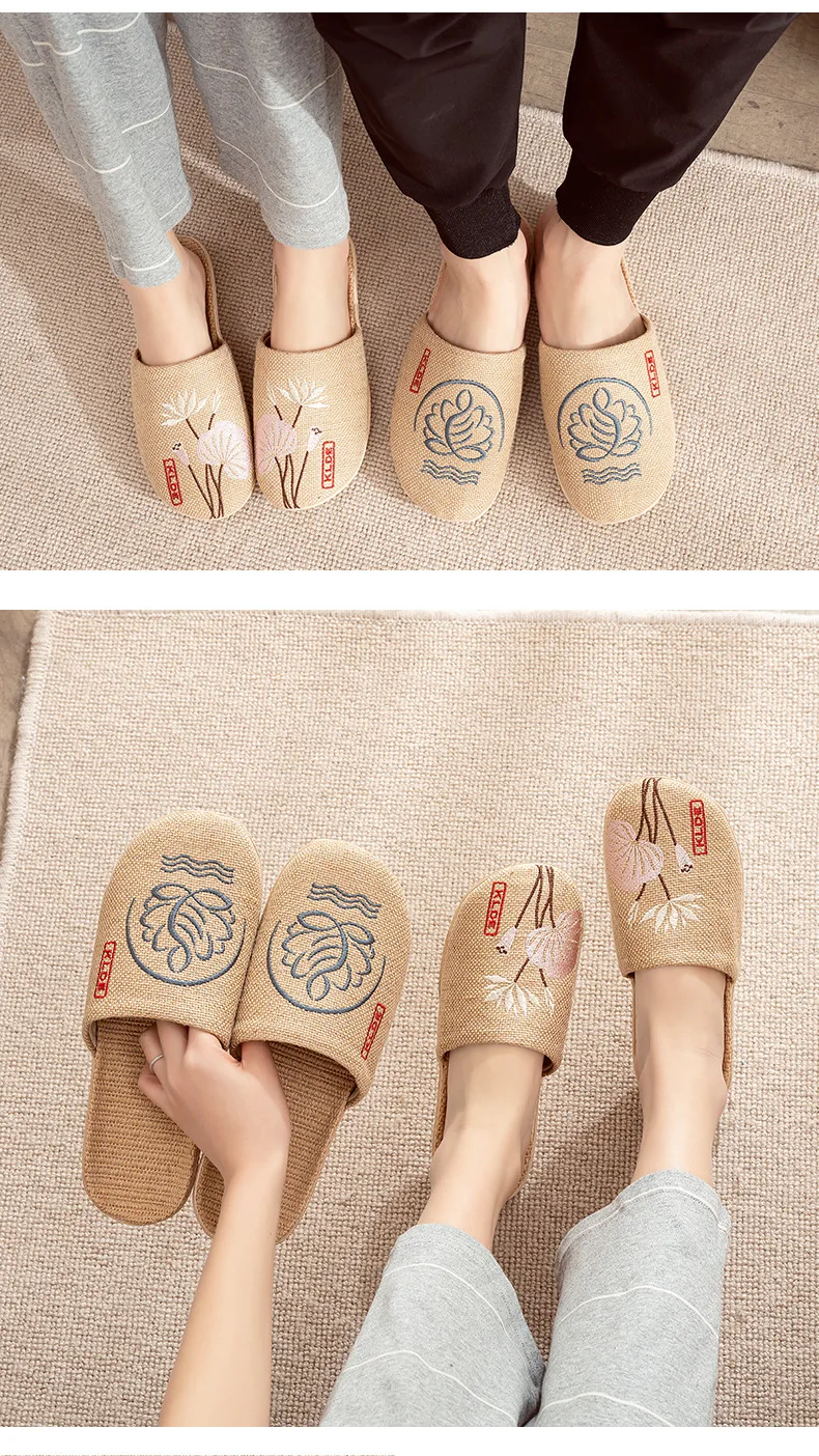 Mntrerm 2023 New Men's and Women's Slippers Baotou Embroidered Linen Slippers Four Seasons Breathable EVA Home Viscose Slippers
