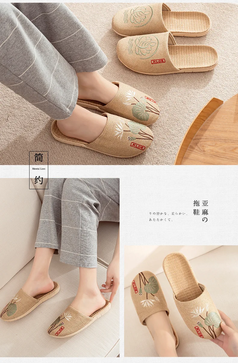 Mntrerm 2023 New Men's and Women's Slippers Baotou Embroidered Linen Slippers Four Seasons Breathable EVA Home Viscose Slippers