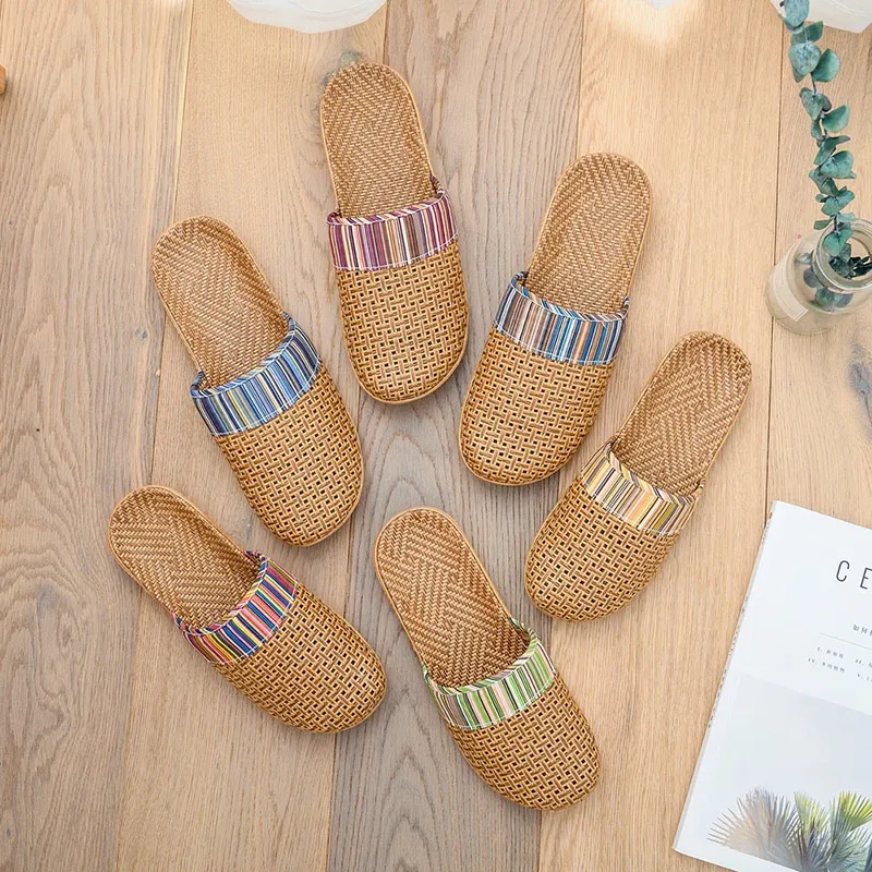 Mntrerm 2023 New Men's and Women's Slippers Baotou Embroidered Linen Slippers Four Seasons Breathable EVA Home Viscose Slippers