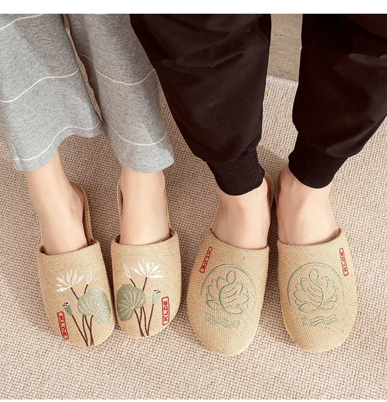 Mntrerm 2023 New Men's and Women's Slippers Baotou Embroidered Linen Slippers Four Seasons Breathable EVA Home Viscose Slippers