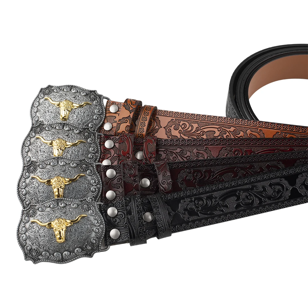 No Buckle Vintage Embossed Belts for Men Cowboy Clothing Accessories Split Leather