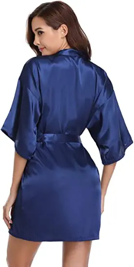 New Silk Kimono Robe Bathrobe Women Silk Bridesmaid Robes Sexy Navy Blue Robes Satin Robe Ladies Dressing Gowns