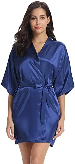 New Silk Kimono Robe Bathrobe Women Silk Bridesmaid Robes Sexy Navy Blue Robes Satin Robe Ladies Dressing Gowns