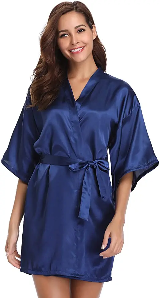 New Silk Kimono Robe Bathrobe Women Silk Bridesmaid Robes Sexy Navy Blue Robes Satin Robe Ladies Dressing Gowns