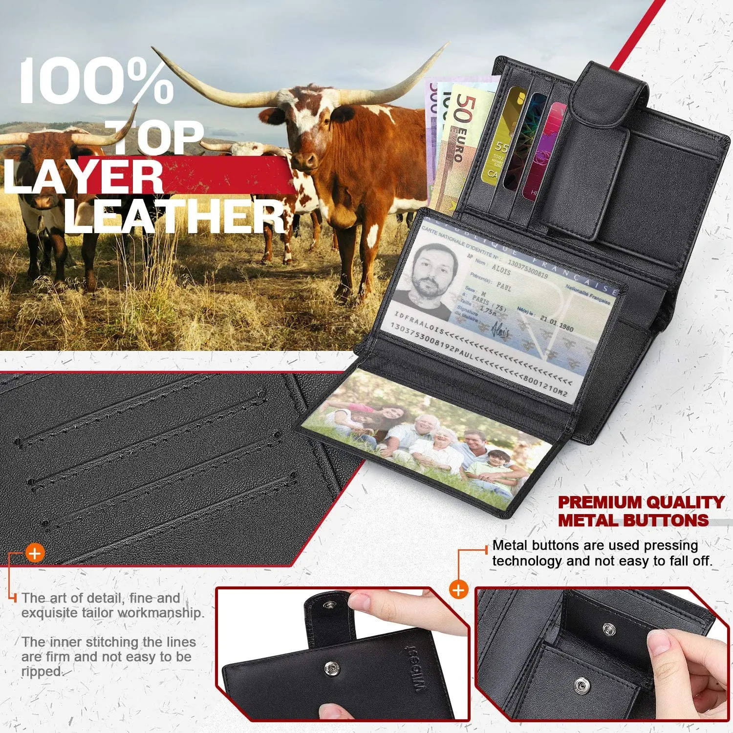 Men Genuine Leather Wallet Business Purse RFID Card Holder Transparent Windows Bank Note Coin Compartment Black