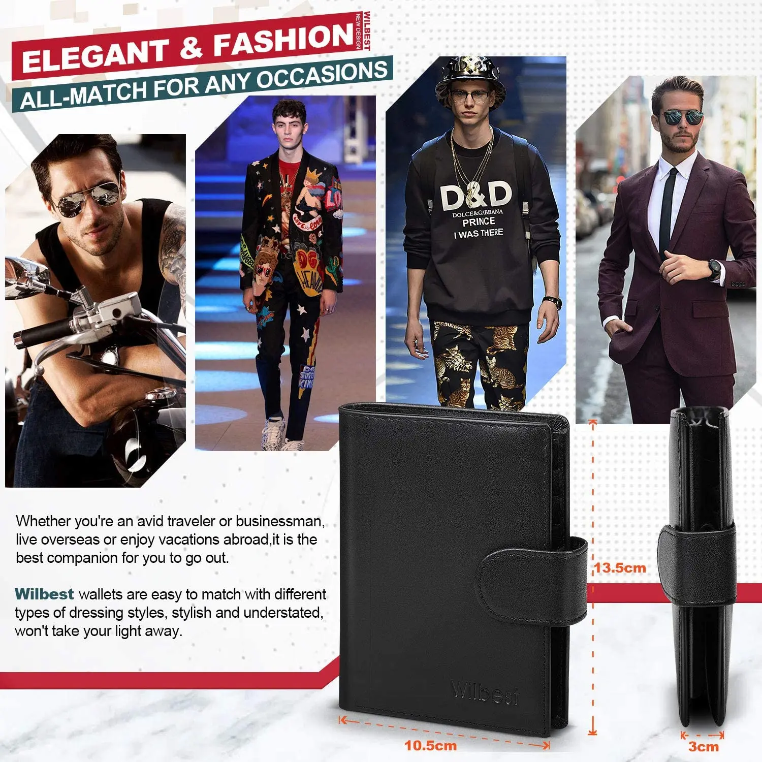 Men Genuine Leather Wallet Business Purse RFID Card Holder Transparent Windows Bank Note Coin Compartment Black