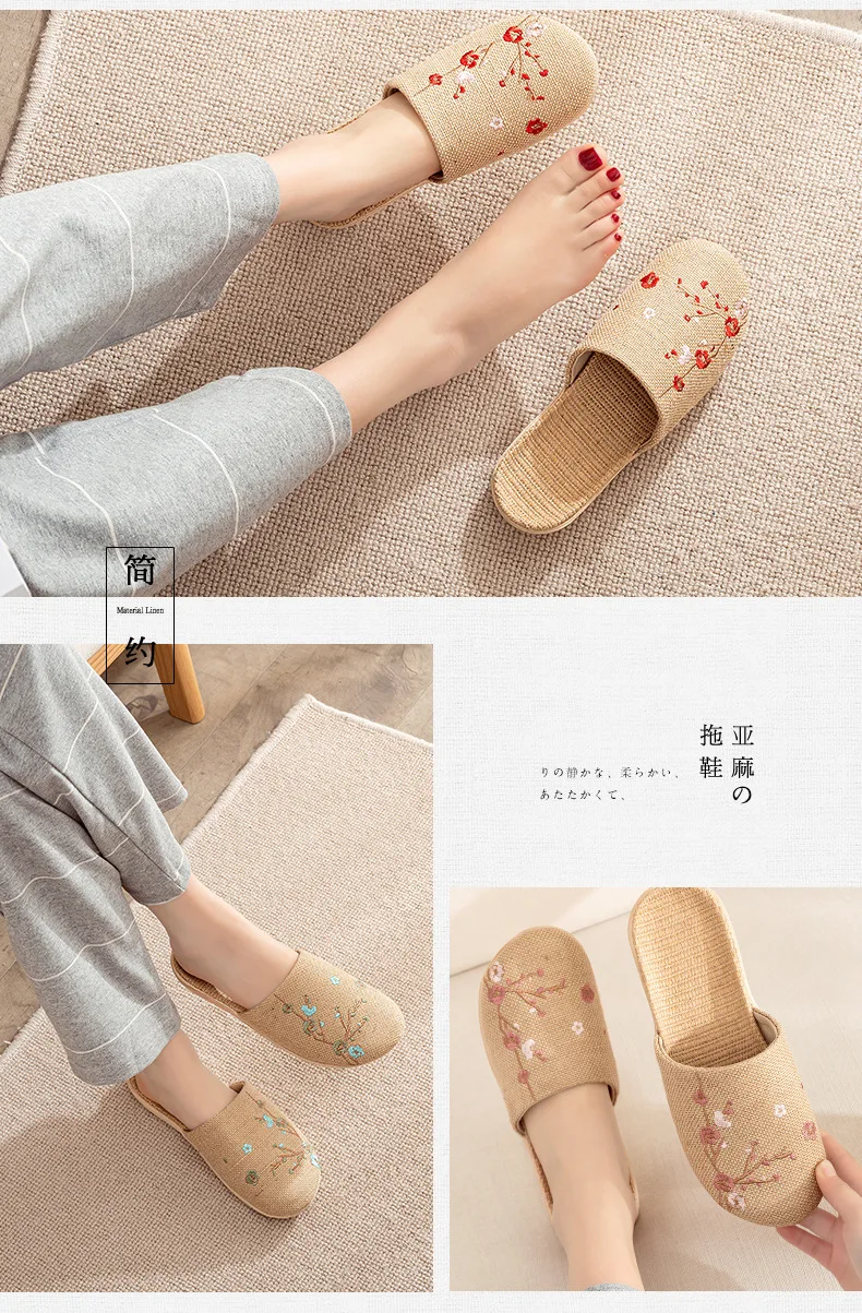 Linen Slippers Female Summer Male Couple Home Embroidered Non-Slip Soft Bottom Indoor Home Use Cotton And Linen Floor Slippers