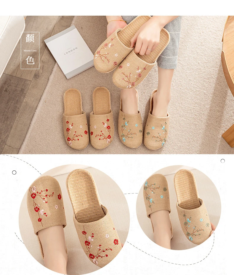 Linen Slippers Female Summer Male Couple Home Embroidered Non-Slip Soft Bottom Indoor Home Use Cotton And Linen Floor Slippers