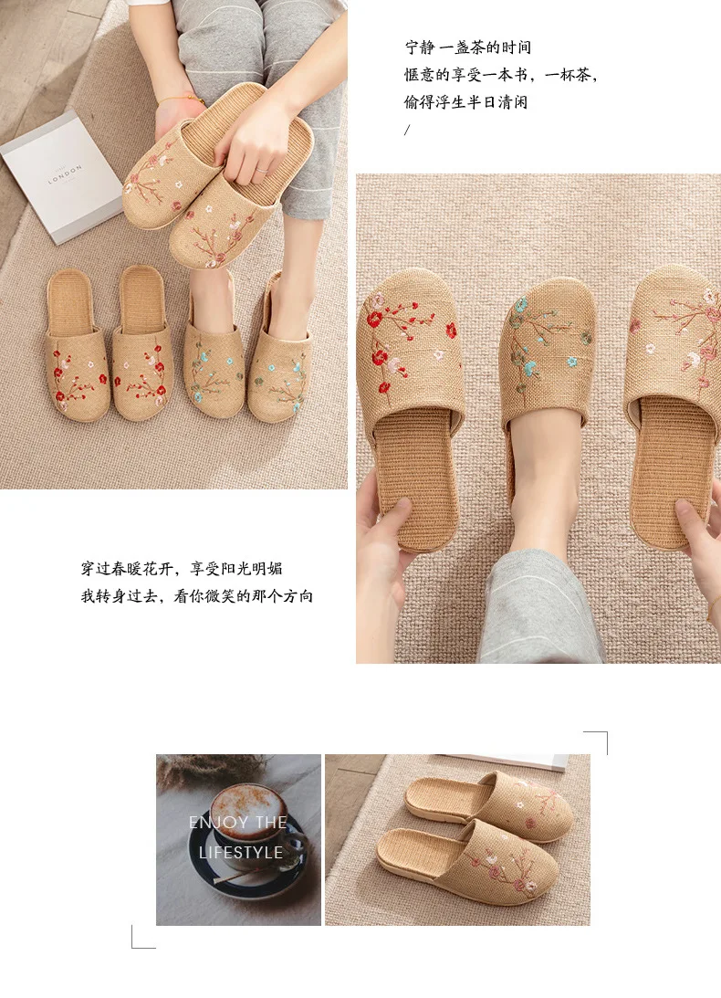 Linen Slippers Female Summer Male Couple Home Embroidered Non-Slip Soft Bottom Indoor Home Use Cotton And Linen Floor Slippers