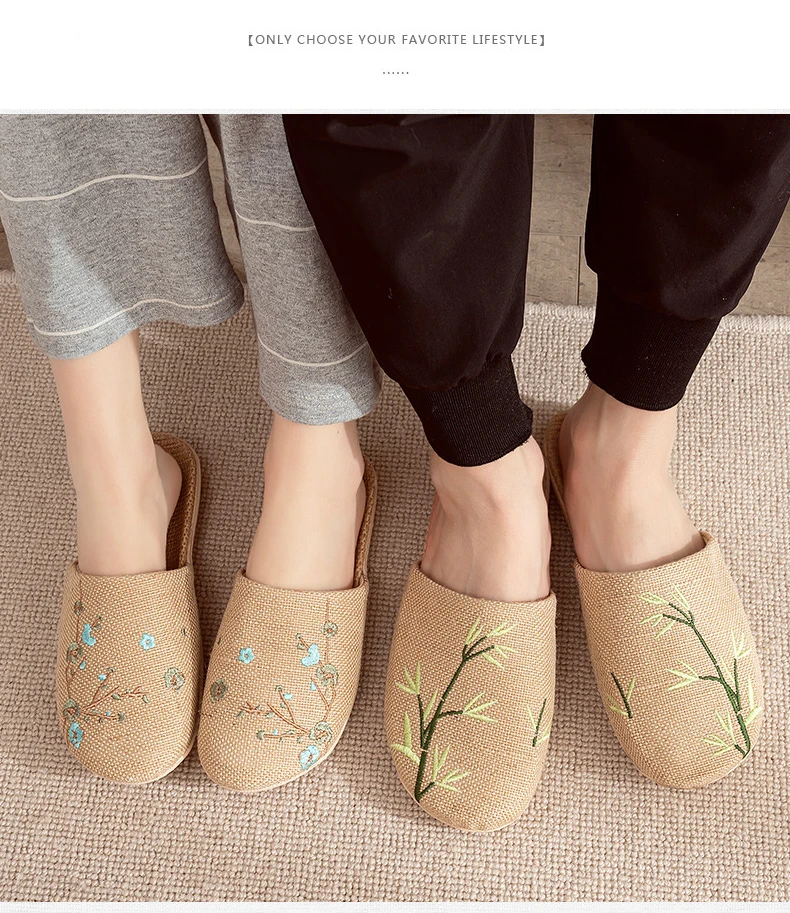 Linen Slippers Female Summer Male Couple Home Embroidered Non-Slip Soft Bottom Indoor Home Use Cotton And Linen Floor Slippers