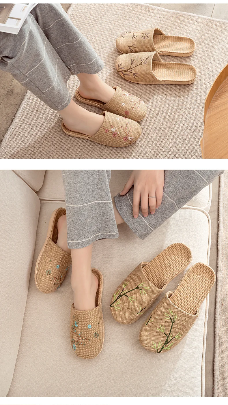 Linen Slippers Female Summer Male Couple Home Embroidered Non-Slip Soft Bottom Indoor Home Use Cotton And Linen Floor Slippers