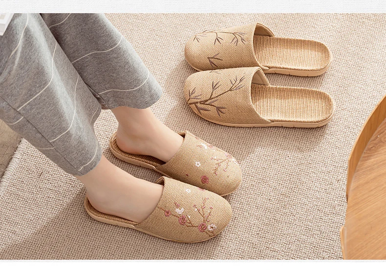 Linen Slippers Female Summer Male Couple Home Embroidered Non-Slip Soft Bottom Indoor Home Use Cotton And Linen Floor Slippers