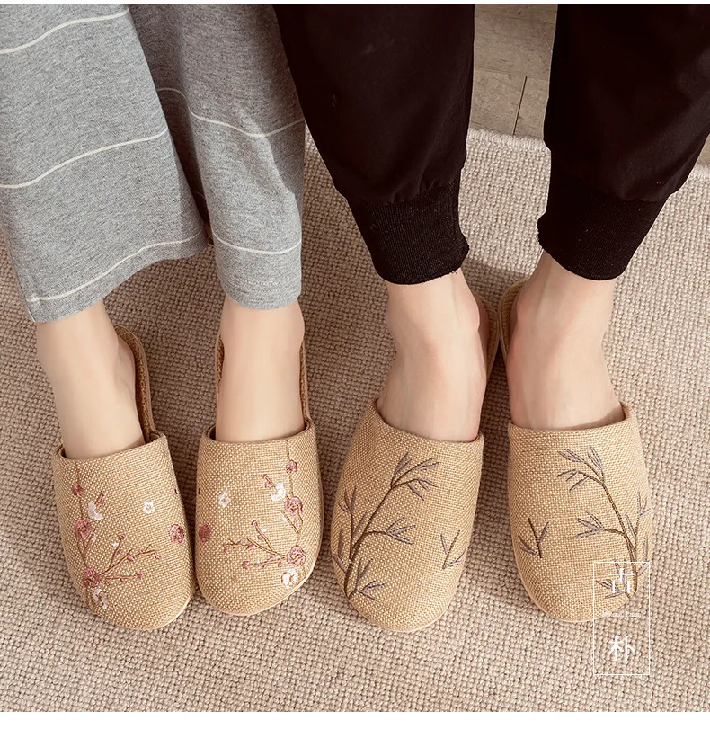 Linen Slippers Female Summer Male Couple Home Embroidered Non-Slip Soft Bottom Indoor Home Use Cotton And Linen Floor Slippers