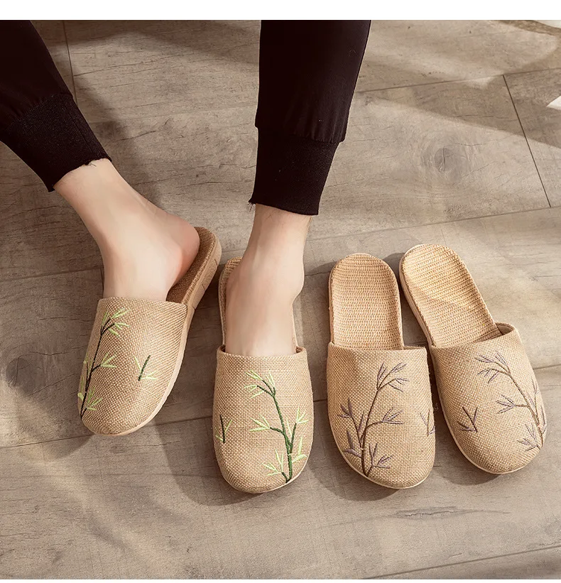 Linen Slippers Female Summer Male Couple Home Embroidered Non-Slip Soft Bottom Indoor Home Use Cotton And Linen Floor Slippers