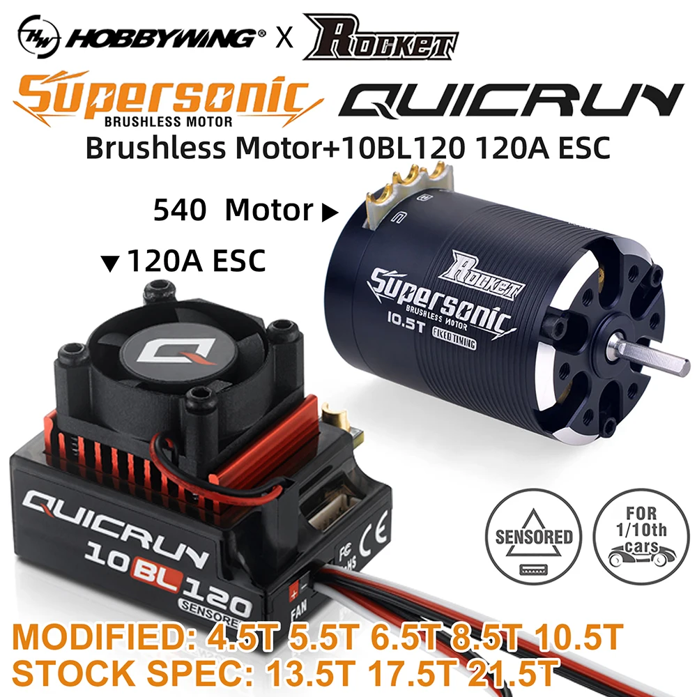 Hobbywing 10BL120 120A ESC w/Rocket Supersonic 540 4.5T 10.5T 13.5T Motor Sensored Brushless Combo for Modified 1/10 RC Car