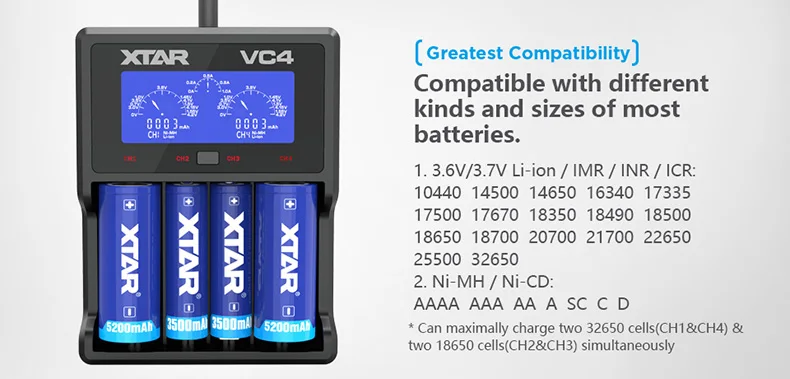XTAR VC4 18650 Battery Charger 1.2V AAA AA Batteries LCD Display Charging 3.6V Rechargeable LiIon Batteries 10400-32650CHARGER