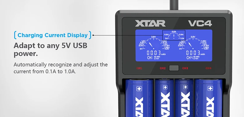 XTAR VC4 18650 Battery Charger 1.2V AAA AA Batteries LCD Display Charging 3.6V Rechargeable LiIon Batteries 10400-32650CHARGER
