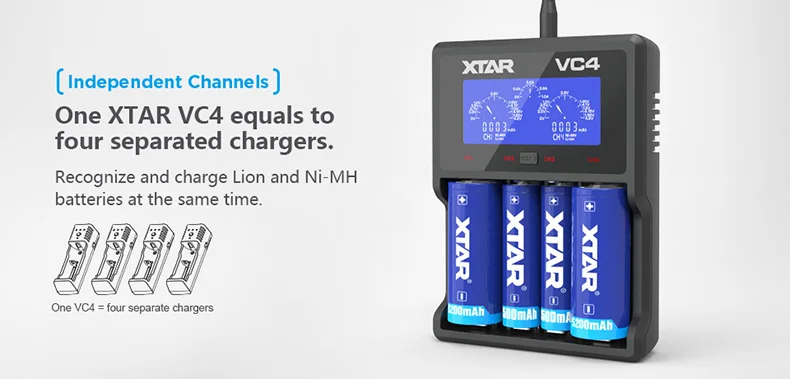 XTAR VC4 18650 Battery Charger 1.2V AAA AA Batteries LCD Display Charging 3.6V Rechargeable LiIon Batteries 10400-32650CHARGER