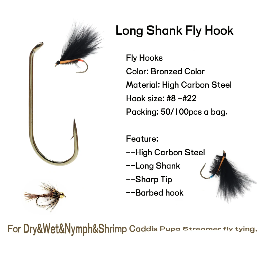 WIFREO 50/100pcs Long Shank Fly Fishing Hooks Dry&Wet&Nymph&Shrimp Caddis Pupa Streamer Fly Hook Fly Tying Fishhook