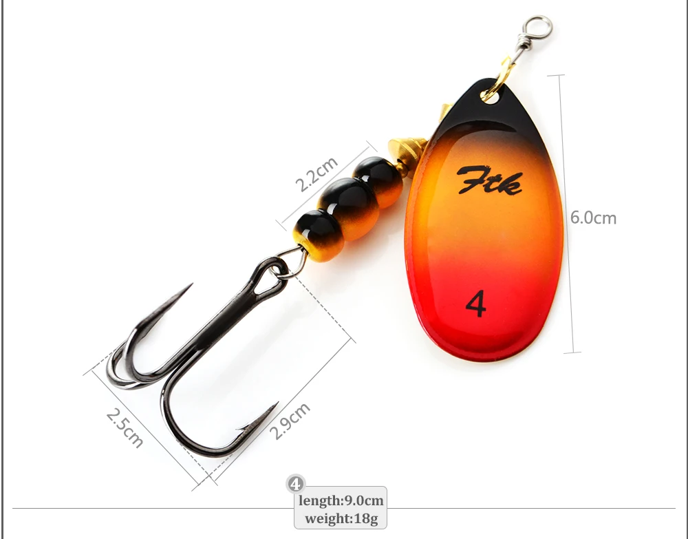 FTK 3.9g 4.6g 7.4g 10.8g 15g Spinner Bait With Feather Treble Hooks Hard Spoon Bass Lures Metal Fishing Lure  For Fishing